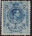 Stamp 274 SPAIN. Year 1909-1922. Alfonso XIII. Medallion type. 25 cents blue.           EC10274a_274