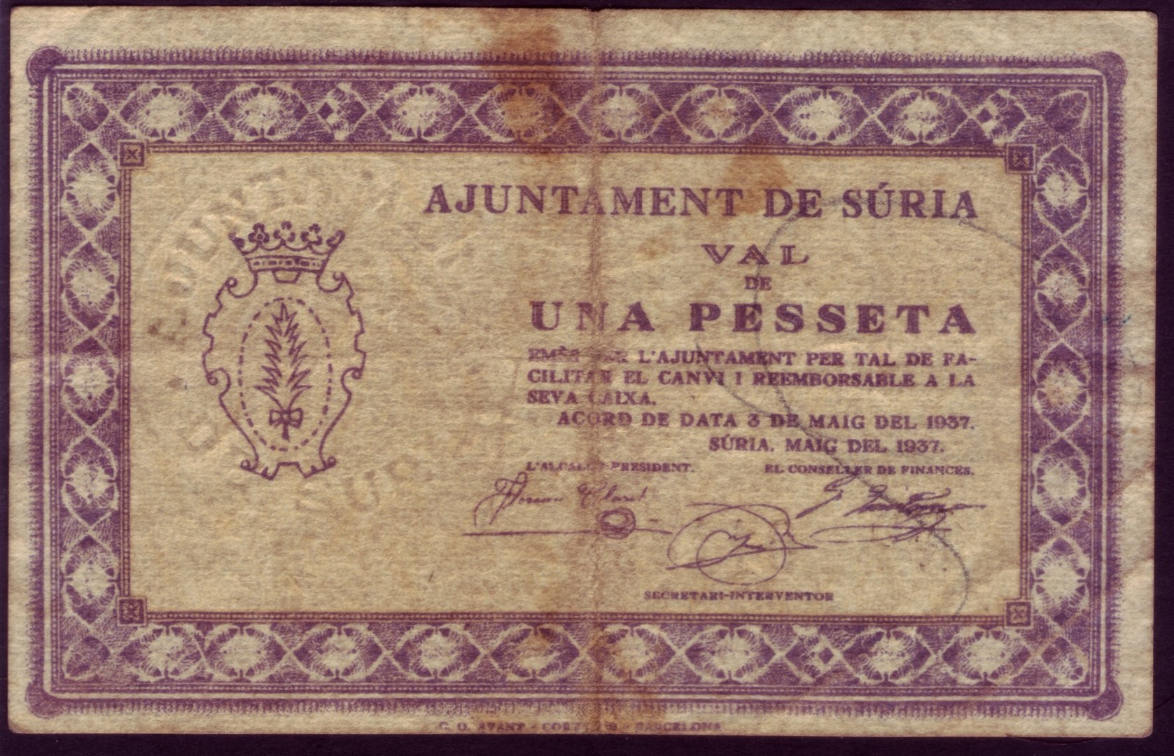 LOCAL BANKNOTE- AJUNTAMENT DE SURIA- 1 PESETA ( 1937 ) BC - 1ª ISSUE      BILL0030a_SURIA