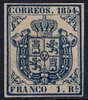 sello 34 España Año 1854. ESCUDO DE ESPAÑA. 1 Real Azul oscuro. SIN DENTAR.             ECL0034b_34