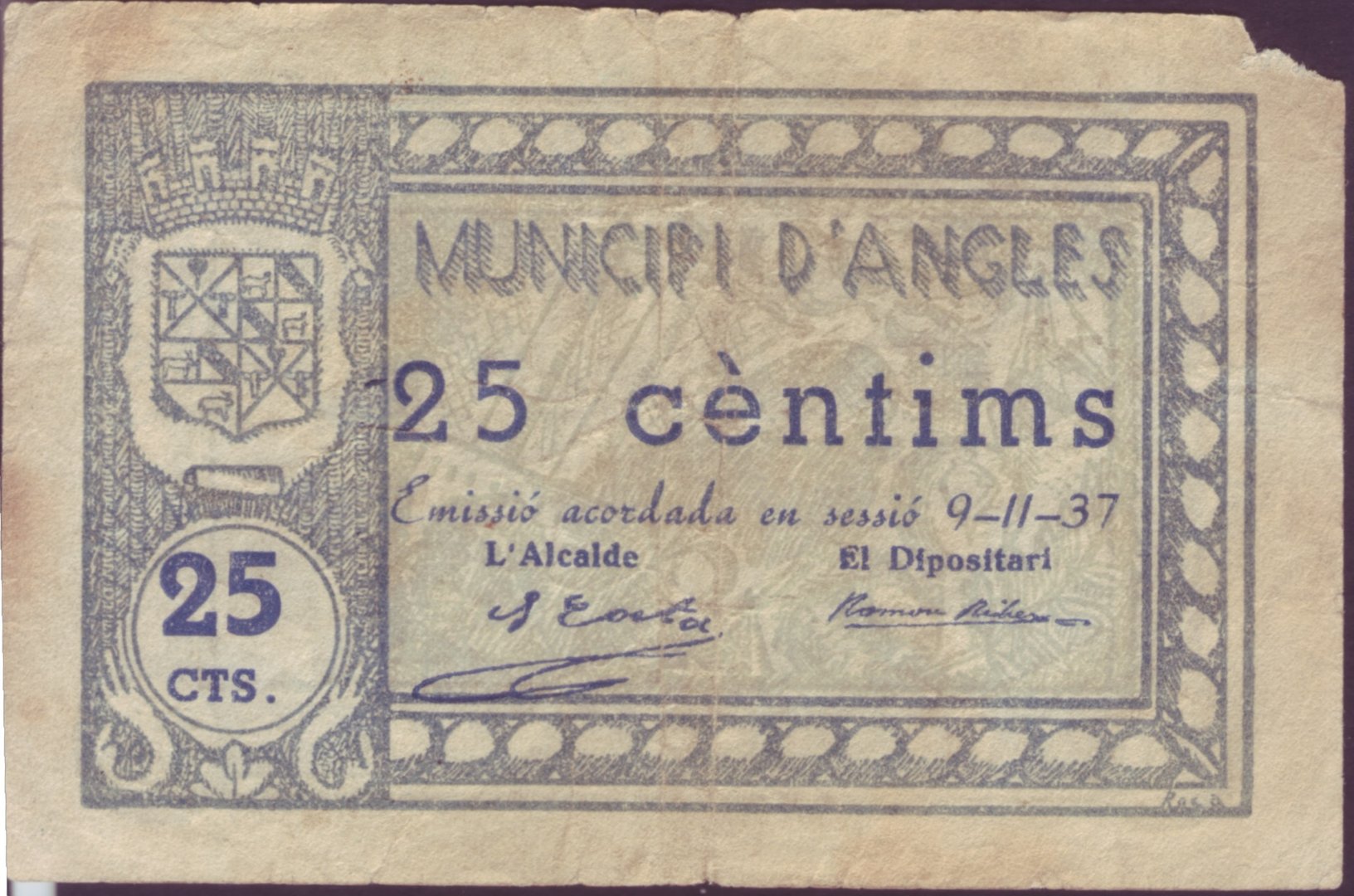 BILLETE LOCAL - MUNICIPI D'ANGLES - 25 CTS. AÑO 1937.              BILL0000a_ANGLES