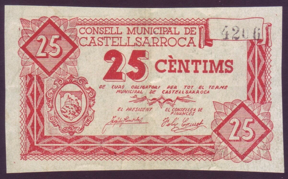 LOCAL BANKNOTE - CASTELLDESARROCA - 25 CTS. YEAR 1937. EBC+ BILL0003a_CASTELLSARROCA