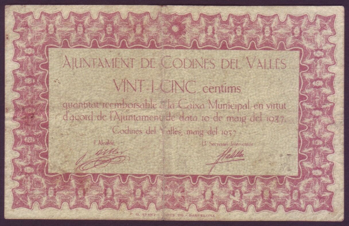 LOCAL BANKNOTE - CODINES DEL VALLES - 25 CTS. YEAR 1937 - MBC  BILL0003b_CODINES