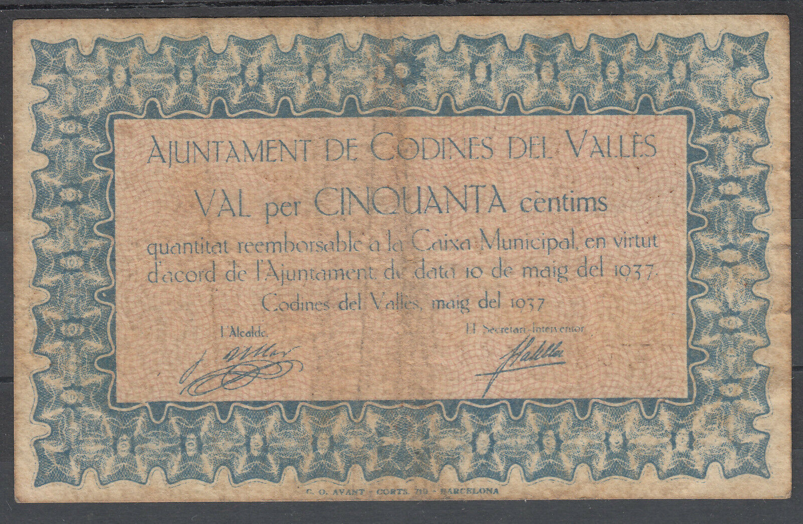 BANKNOTE LOCAL - CODINES DEL VALLES - 50 CENTIMOS - AÑO 1937 BILL0003c_CODINES