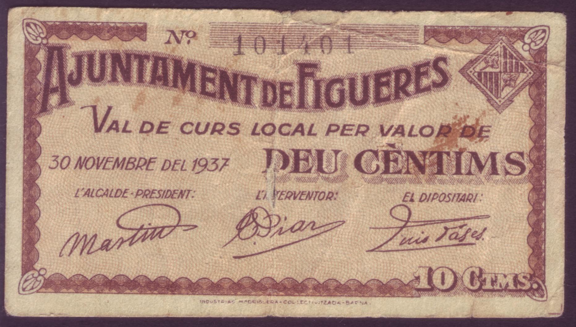 BILLETE - FIGUERES (CATALUÑA) - 10 CTS. AÑO 1937 - SIN SERIE            BILL0006a_FIGUERES