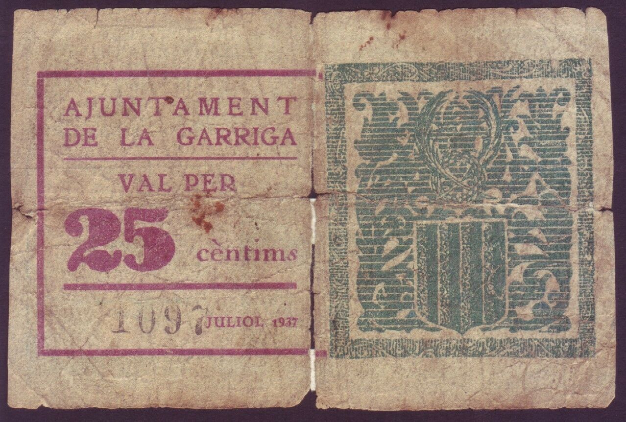 LOCAL BANKNOTE - LA GARRIGA - 25 CTS. YEAR 1937. VAL PER 25 CTS    BILL0007a_LAGARRIGA