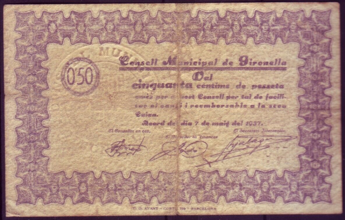 LOCAL BANKNOTE - GIRONELLA 50 CENTIMOS YEAR 1937 - WITHOUT SERIES    BILL0007c_GIRONELLA