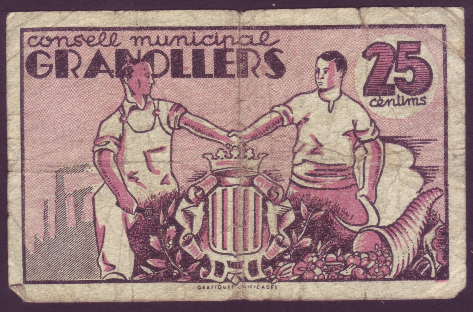 GRANOLLERS MUNICIPAL COUNCIL BANKNOTE - 25 CENTIMOS 1937- BC - SERIES 7 BILL0007d_GRANOLLERS