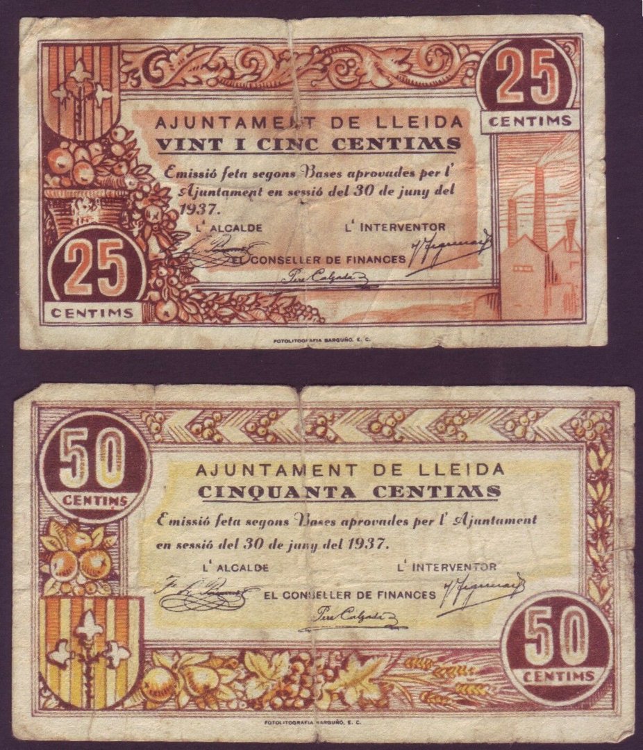 LOCAL BANKNOTE - LLEIDA - TWO BANKNOTES. 25 CTS AND 50 CTS. YEAR 1937. BC  BILL0012a_LLEIDA