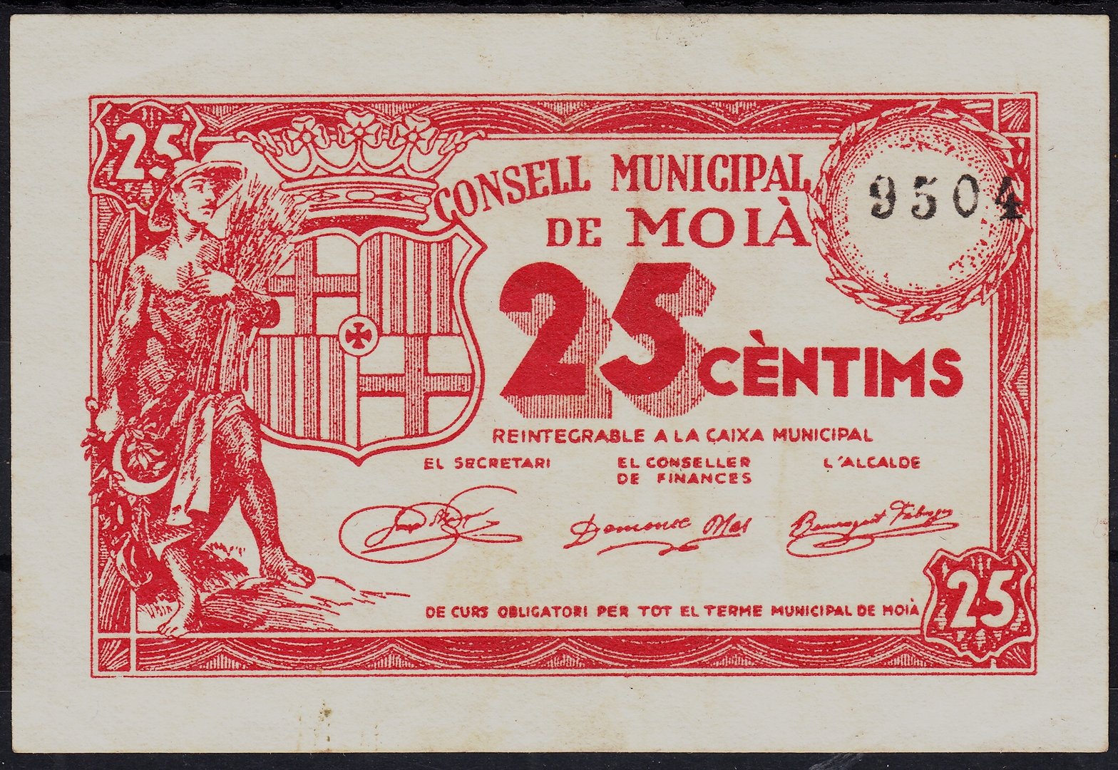 LOCAL BANKNOTE - MOIA - 25 CTS. YEAR 1937. WITHOUT SERIES. EBC  BILL0013g_MOIA