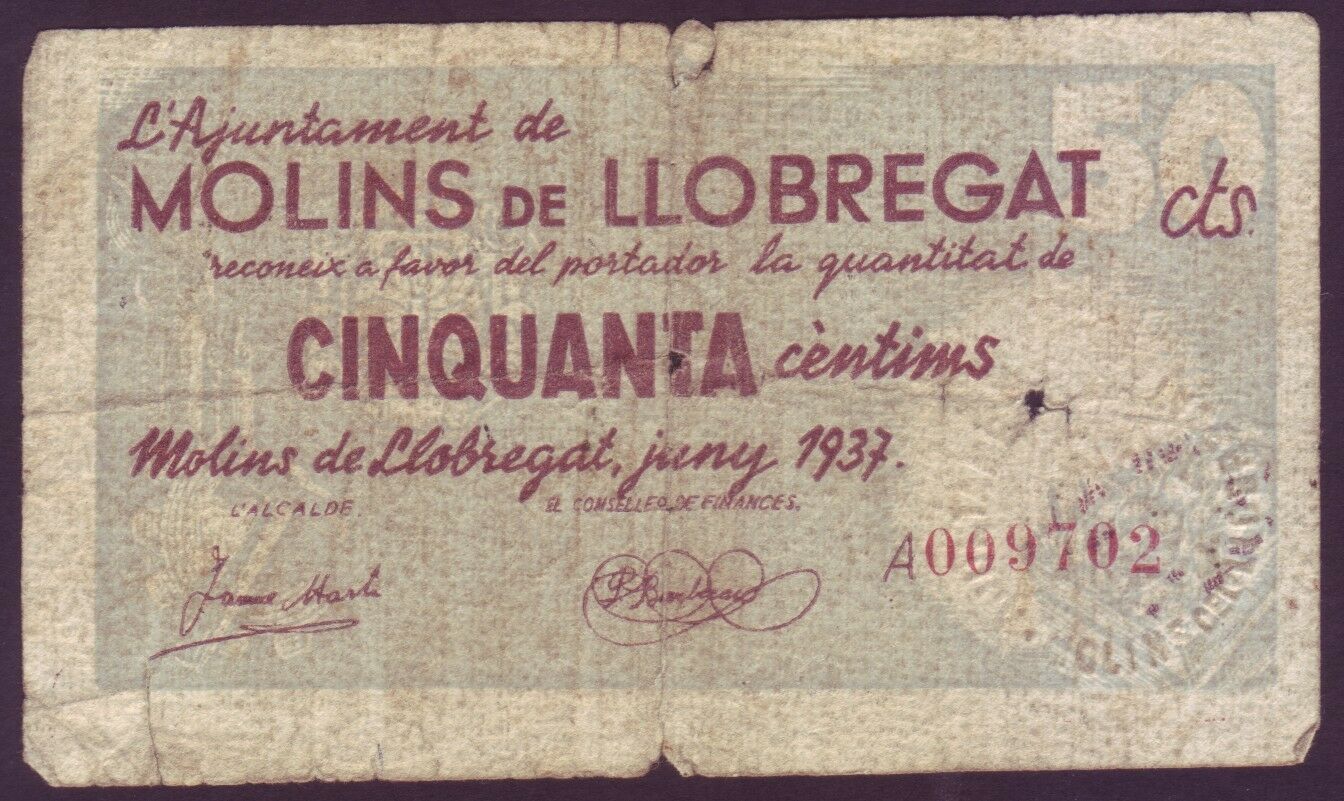 BILLETE LOCAL - MOLINS DE LLOBREGAT - 50 CTS. AÑO 1937. BC  BILL0013j_MOLINS