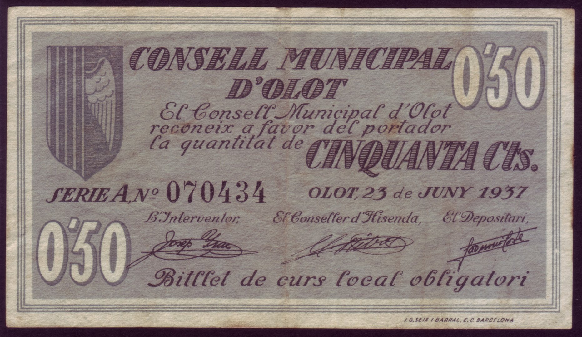 LOCAL BANKNOTE - OLOT - 50 CTS. YEAR 1937. SERIES A. MBC+  BILL0014a_OLOT