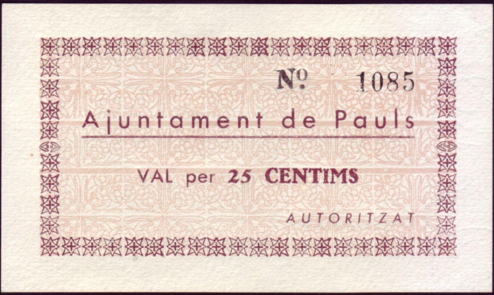 BILLETE LOCAL - CATALUÑA. PAULS. PAÜLS DELS PORTS. 25 CTS. AÑO 1937 - SC  BILL0015a_PAULS