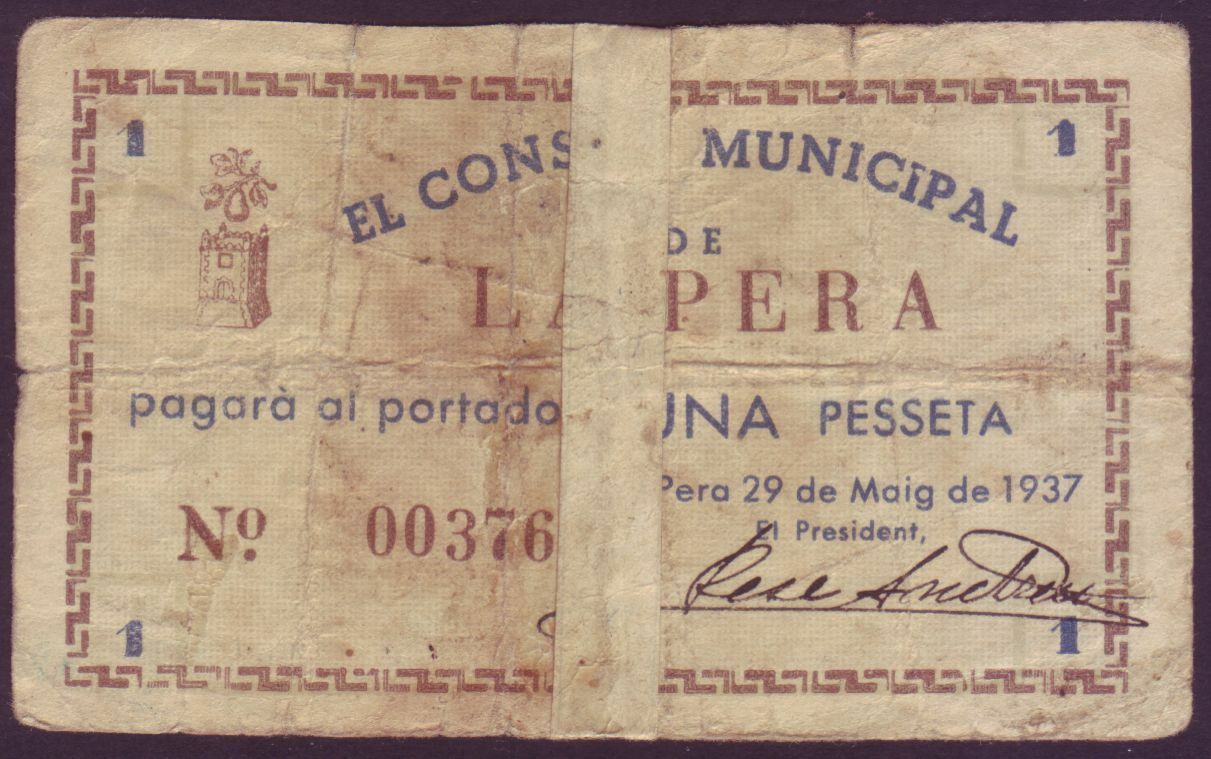 BILLETE LOCAL - CONSELL MUNICIPAL DE LA PERA - 1 PTA. AÑO 1937.   BILL0015b_LAPERA