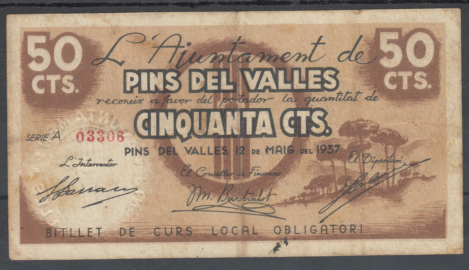 BILLETE LOCAL -PINS DEL VALLES - 50 CENTIMOS - AÑO 1937       BILL0015d_PINSDELVALLES