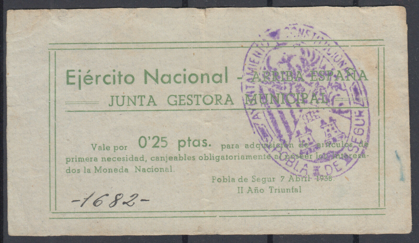 BILLETE LOCAL - POBLA DE SEGUR - 0,25 PTAS. AÑO 1938 - EJERCITO NACIONAL - MBCBILL0015f_POBLADESEGUR