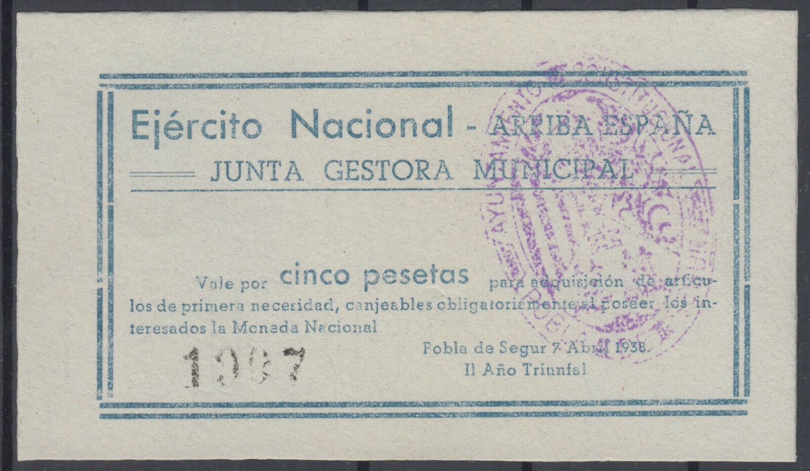 BILLETE LOCAL - POBLA DE SEGUR - 5 PESETAS - AÑO 1938 - EJERCITO NACIONAL - SCBILL0015g_POBLADESEGUR