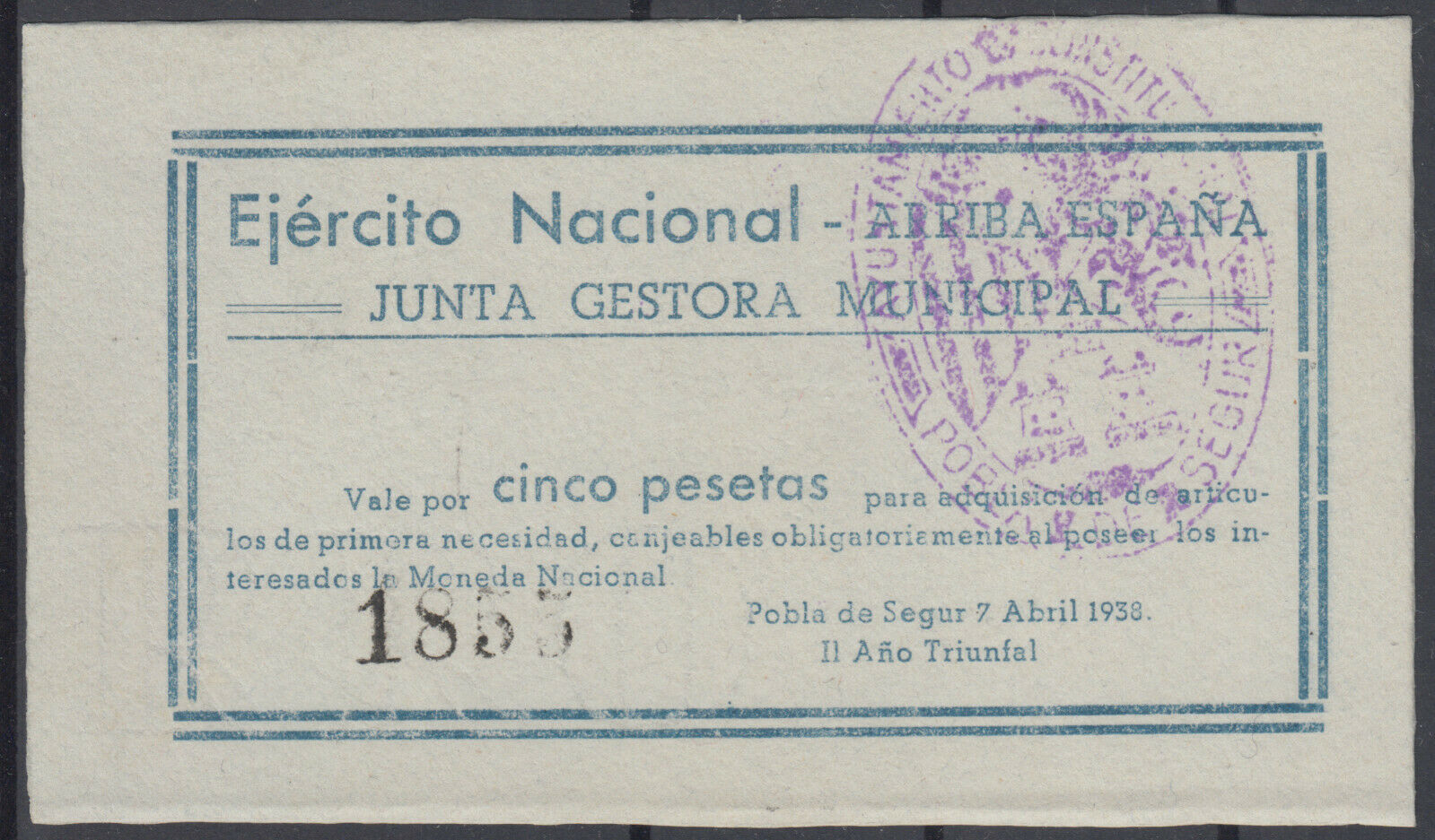 BILLETE LOCAL - POBLA DE SEGUR - 5 PESETAS - 1938 - EJERCITO NACIONAL- SC     BILL0015h_POBLADESEGUR
