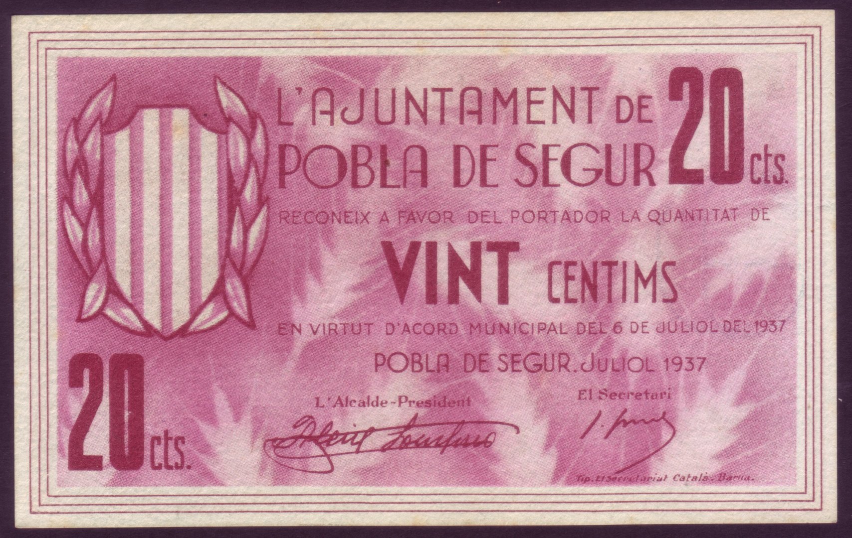 20 CTS POBLA DE SEGUR (LLEIDA) 20 CENTIMS 1937 EBC+/SC      BILL0015j_POBLADESEGUR