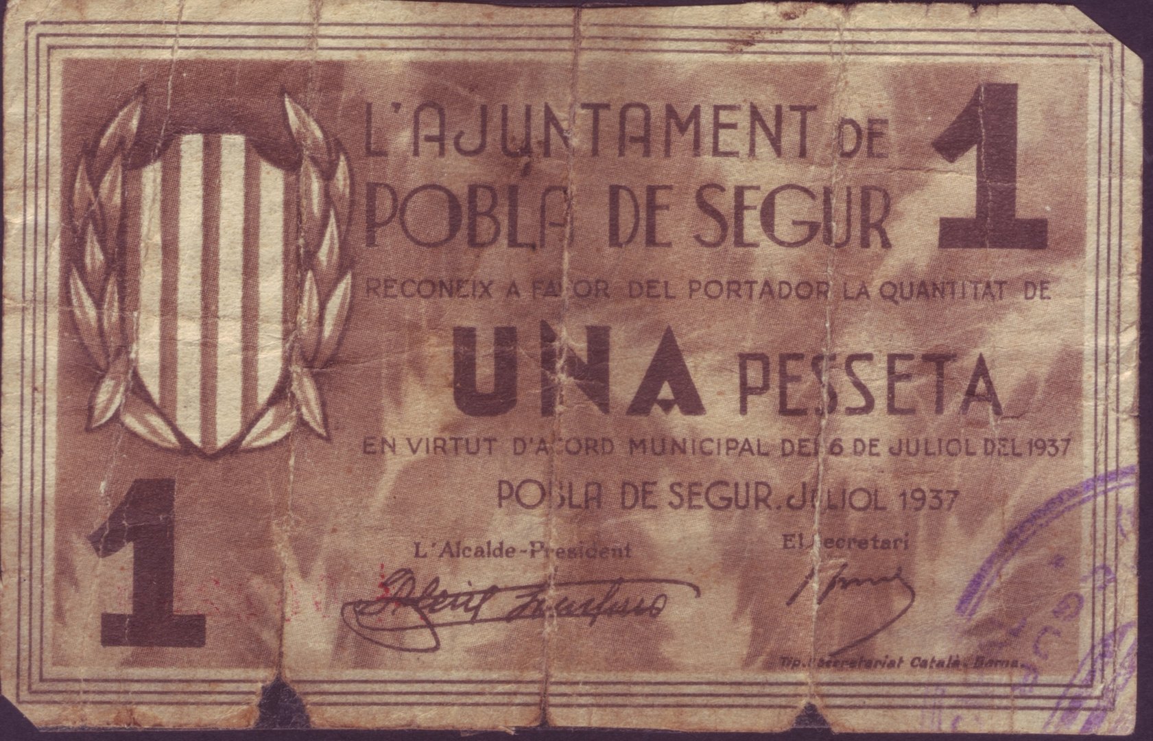 BILLETE LOCAL 1 PTA  POBLA DE SEGUR (LLEIDA). Año 1937 (pegado con celo)     BILL0015k_POBLADESEGUR