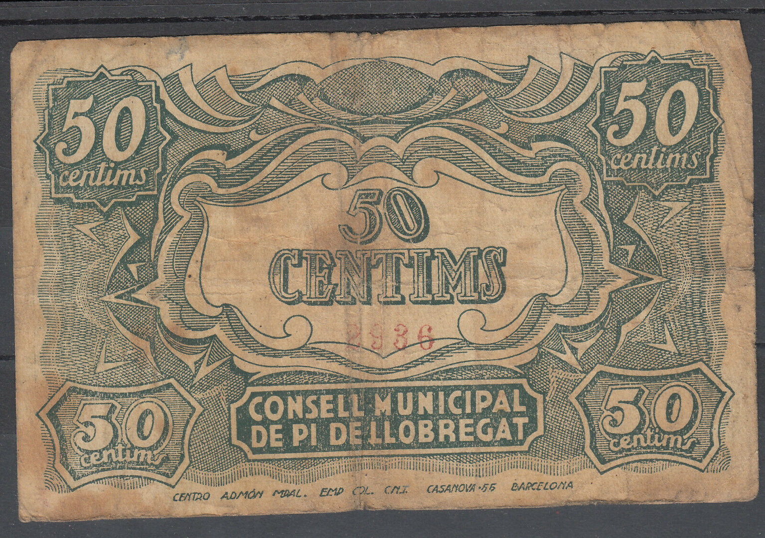 LOCAL BANKNOTE - PI DE LLOBREGAT - 50 CENTIMOS - YEAR 1937    BILL0015cc_PIDELLOBREGAT