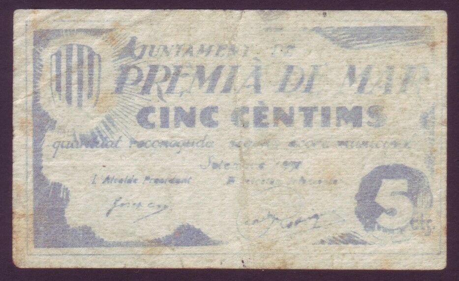 BILLETE LOCAL - PREMIA DE MAR - 5 CTS - AÑO 1937       BILL0017a_PREMIADEMAR