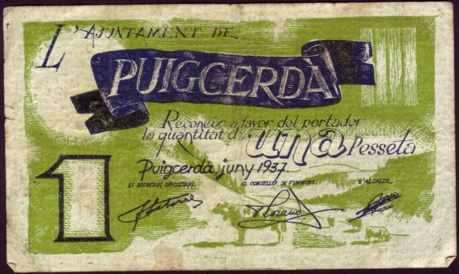 BILLETE LOCAL - PUIGCERDA - 1 PTA - AÑO 1937 - SERIE A - BC         BILL0018a_PUIGCERDA