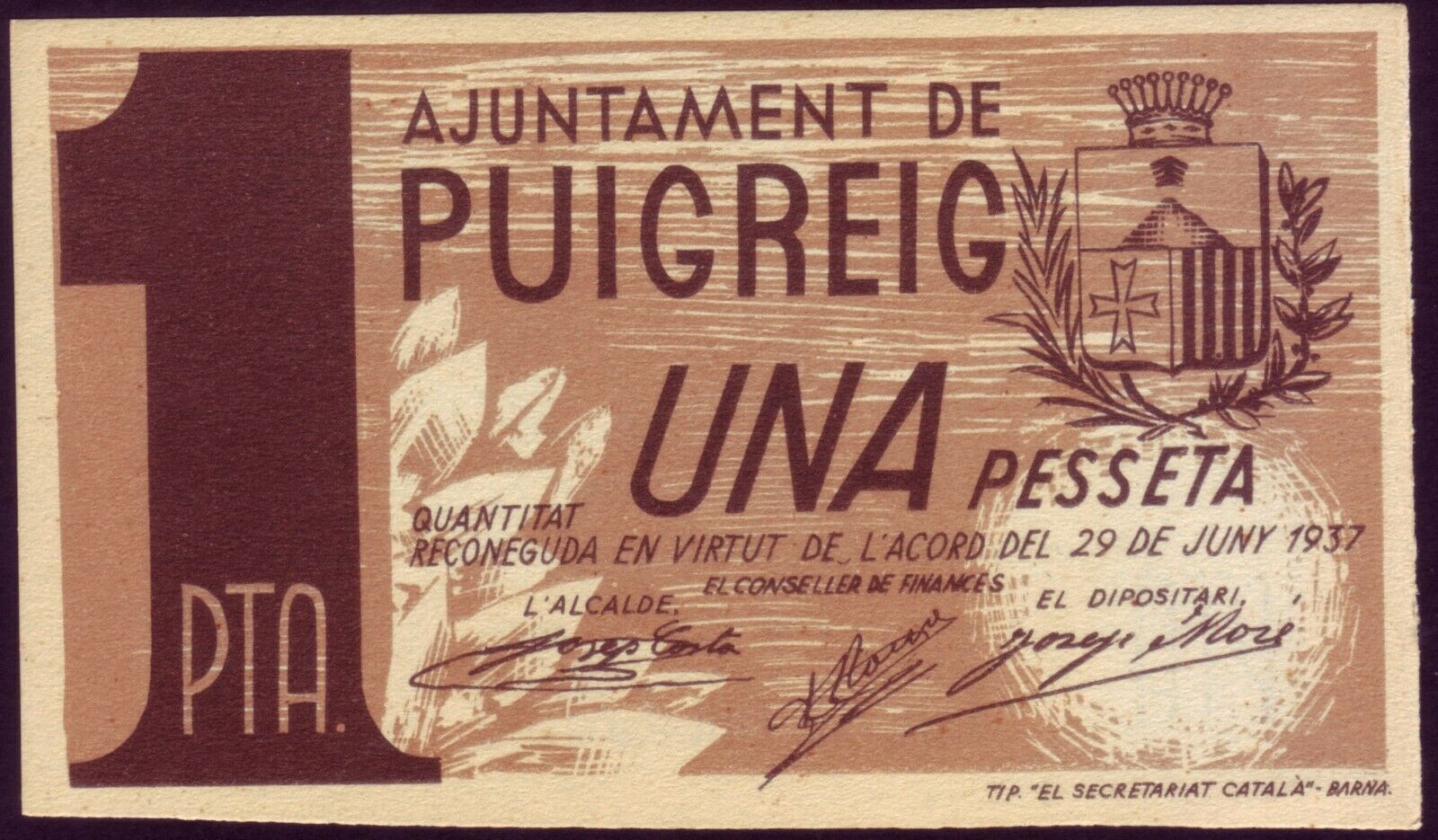 BILLETE LOCAL - PUIGREIG - 1 PESETA AÑO 1937 - EBC         BILL0019a_PUIGREIG