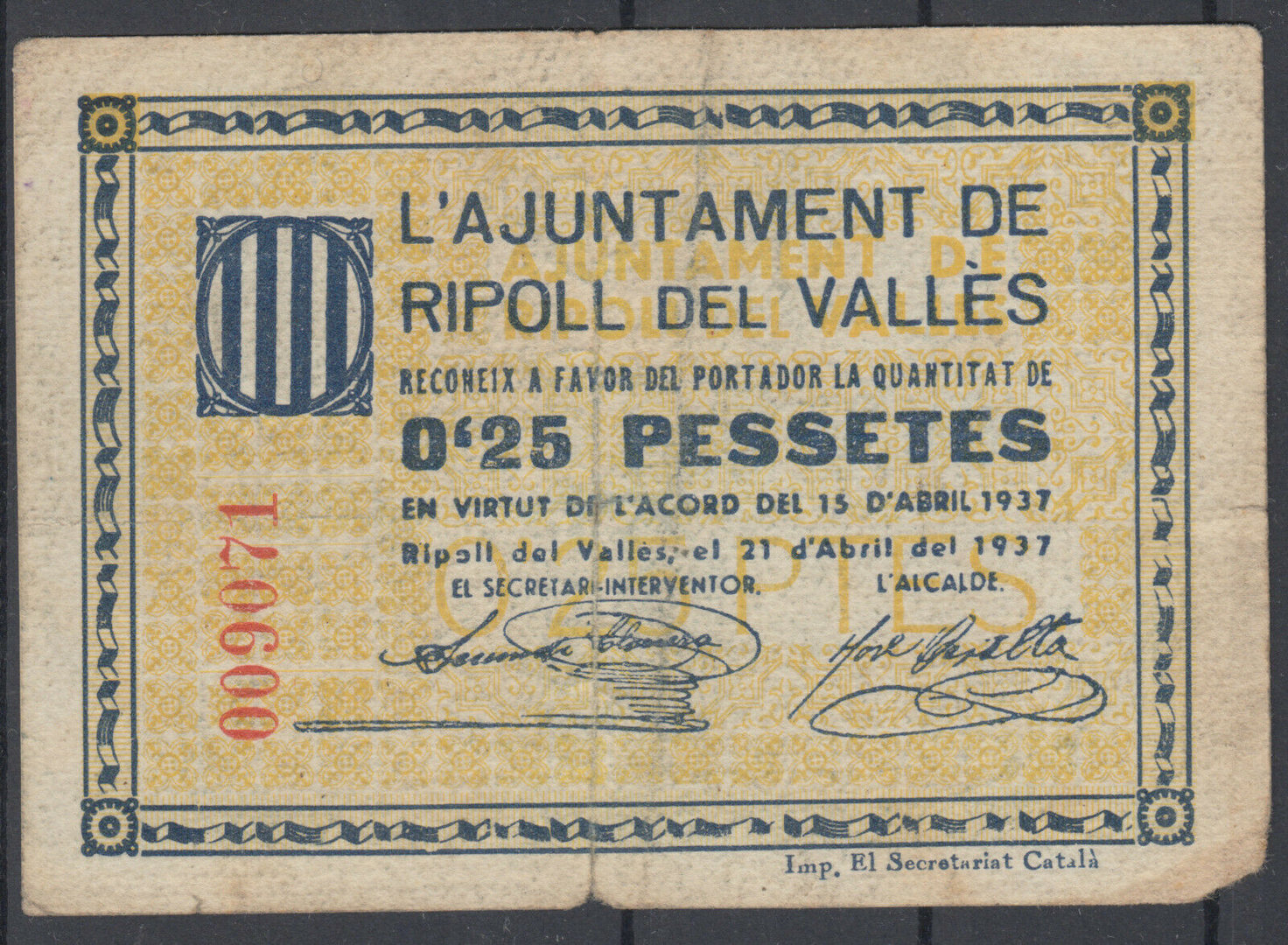 BILLETE LOCAL - RIPOLL DEL VALLES - 0,25 PESETAS - AÑO 1937 - SIN SERIE    BILL0022a_RIPOLL