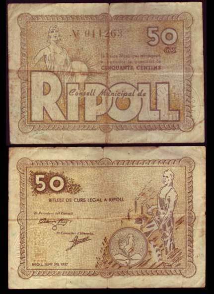 LOCAL BANKNOTE - RIPOLL. 50 CTS. YEAR 1937 - SERIES C - BC     BILL0022b_RIPOLL
