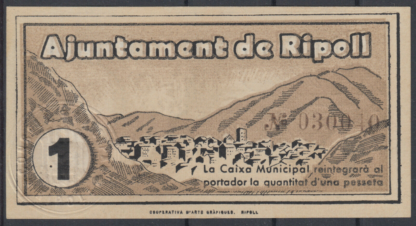 BILLETE LOCAL - RIPOLL - 1 PESETA - AÑO 1937 - SIN SERIE - SC                       BILL0022c_RIPOLL
