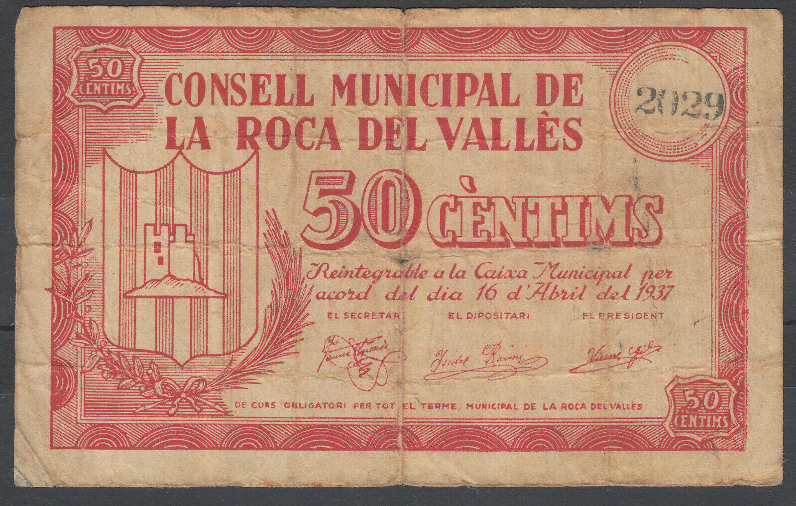 LOCAL BANKNOTE - LA ROCA DEL VALLES - 50 CENTIMOS YEAR 1937 - WITHOUT SERIES   BILL0023a_LAROCA