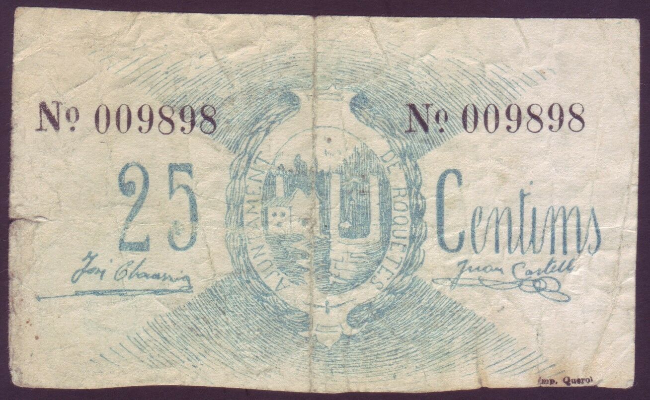 LOCAL BANKNOTE - AJUNTAMENT DE ROQUETES - 25 CTS YEAR 1937. RARE.  BILL0024a_ROQUETES