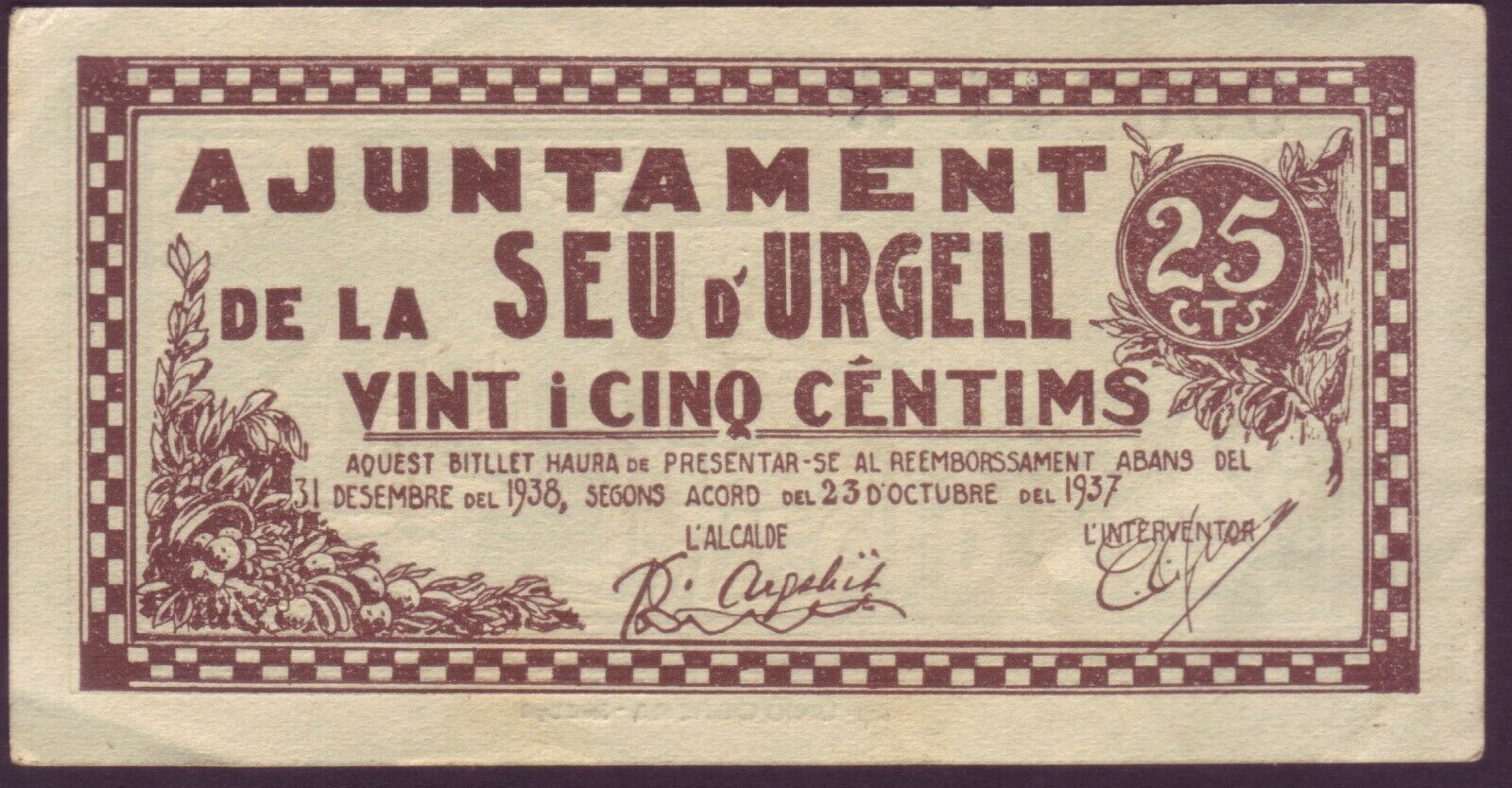BILLETE LOCAL - LA SEU D'URGELL - 25 CTS. AÑO 1937. SIN SERIE. EBC       BILL0027a_LASEUD'URGELL