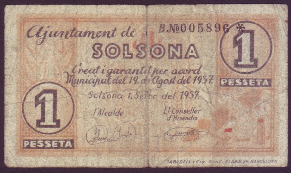 BILLETE LOCAL - SOLSONA - 1 PTA. AÑO 1937 - SERIE B                     BILL0029b_SOLSONA