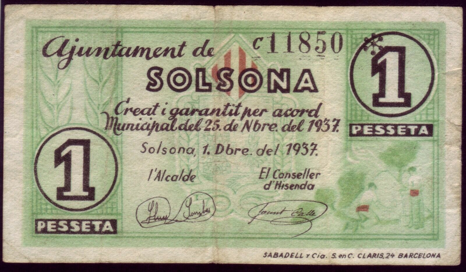 BILLETE LOCAL - SOLSONA - 1 PTA. AÑO 1937 - SERIE C                               BILL0029a_SOLSONA