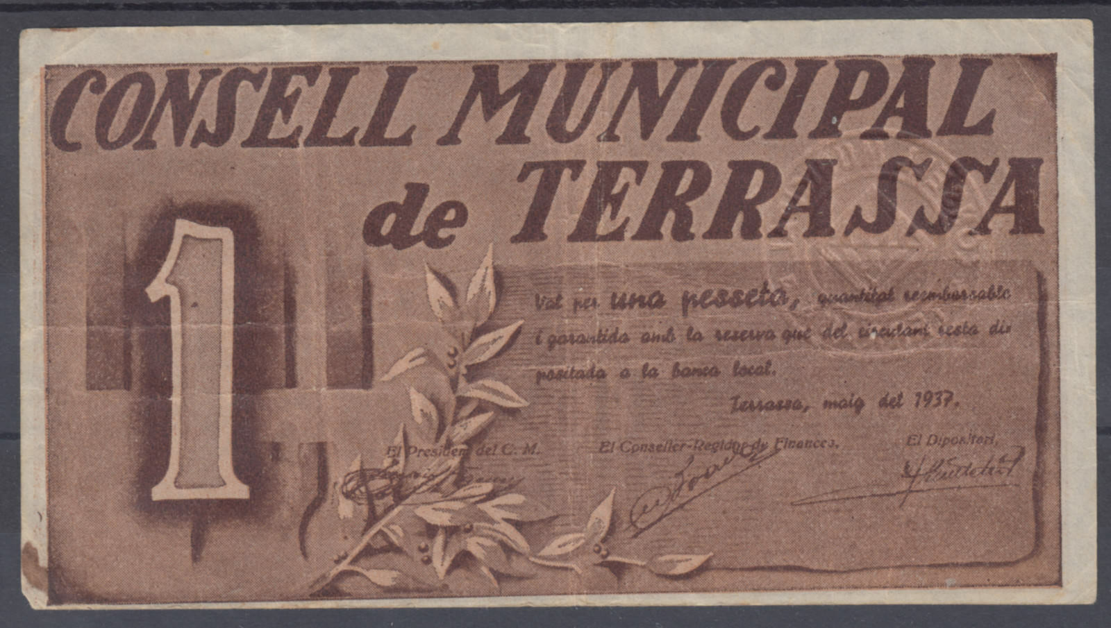 BILLETE LOCAL - TERRASSA - 1 PESSETA  - AÑO 1937                               BILL0033b_TERRASSA