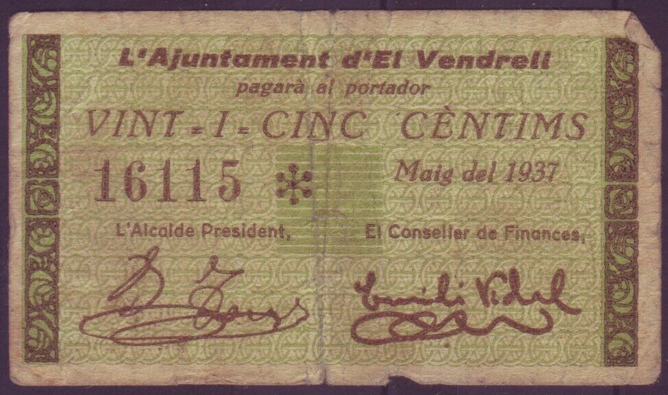 LOCAL BANKNOTE - EL VENDRELL - 25 CTS. MAY 1937                         BILL0041a_VENDRELL