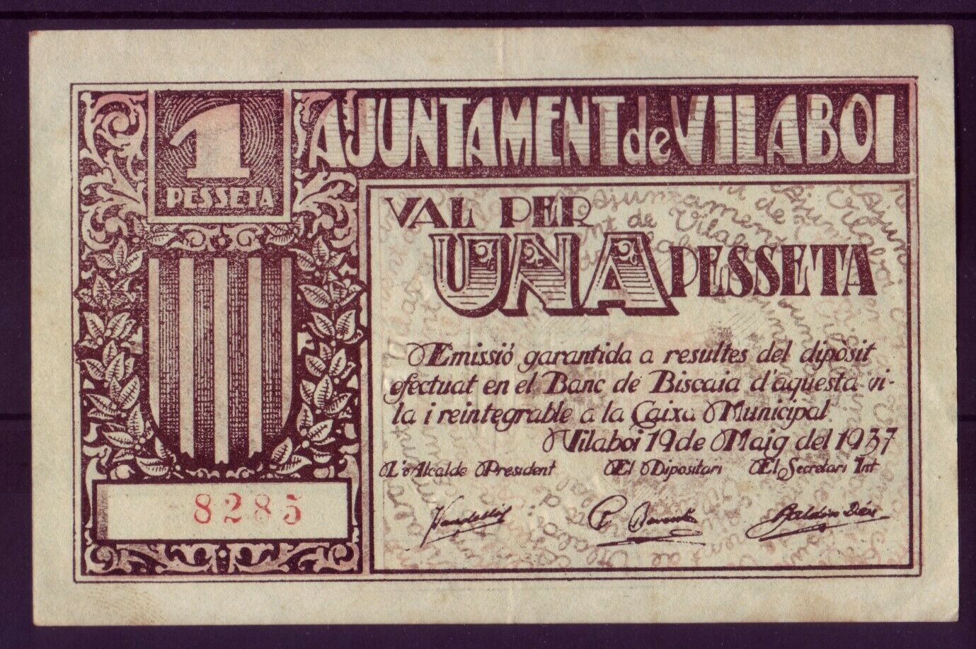 LOCAL BANKNOTE - VILABOI - 1 PESETA YEAR 1937                              BILL0043b_VILABOI