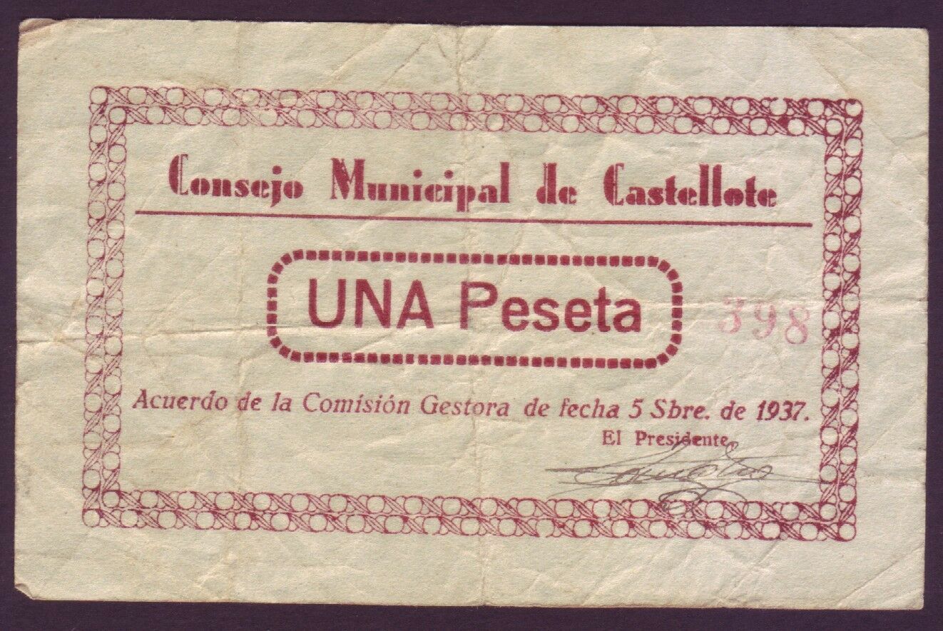 BILLETE LOCAL - CASTELLOTE -1 PTA - AÑO 1937                                   BILL0001b_CASTELLOTE
