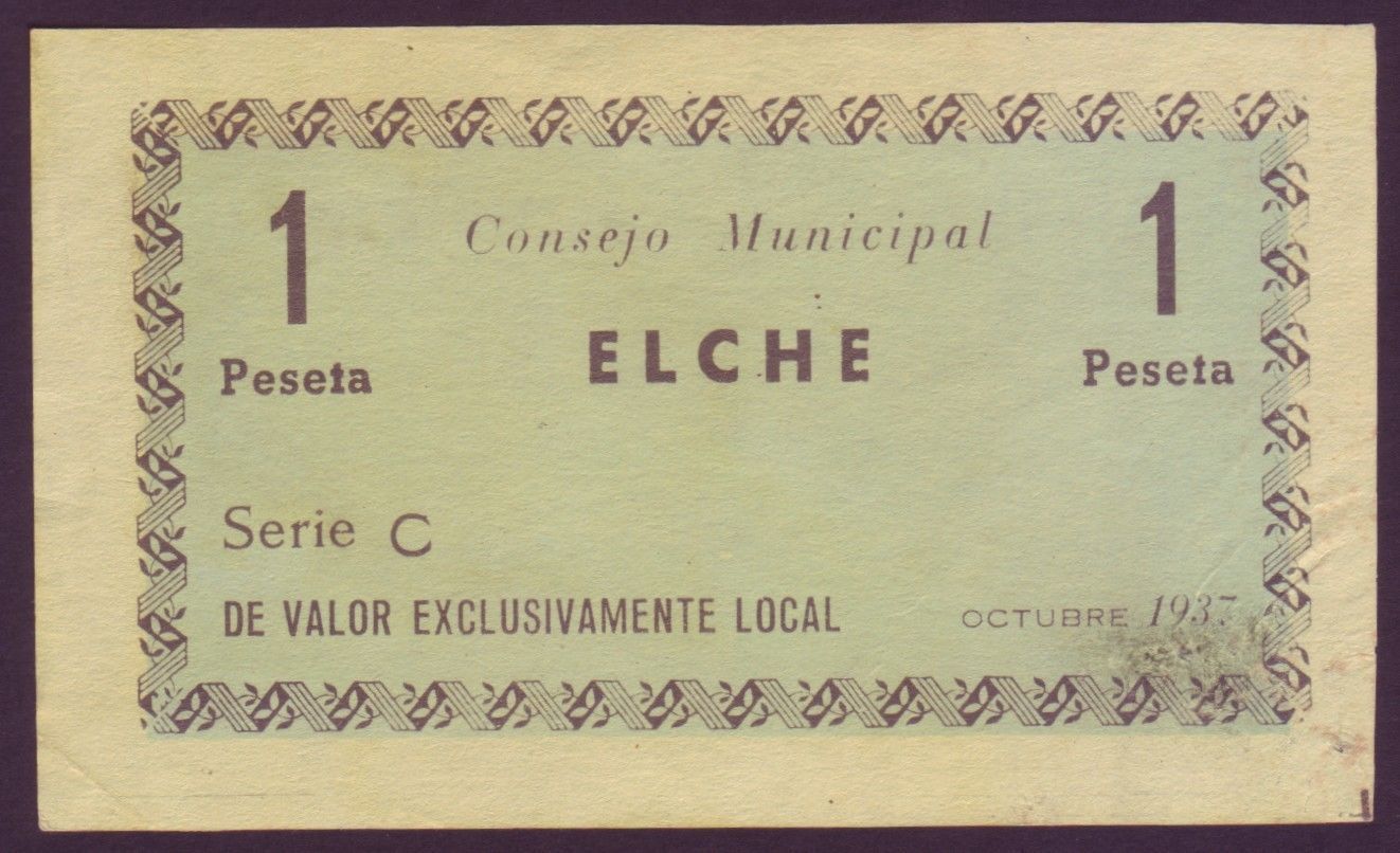 BILLETE LOCAL - CONSEJO MUNICIPAL DE ELCHE - 1 PTA. AÑO 1937 - SERIE C               BILL0001b_ELCHE