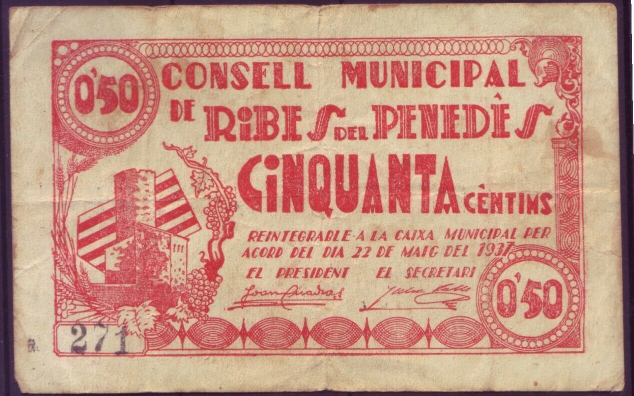 BILLETE LOCAL - RIBES DEL PENEDES 50 CENTIMOS AÑO 1937 - SIN SERIE         BILL0001a_RIBESDELPENEDES