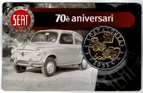 2 EUROS 2023 CATALONIA 70 years of the first car SEAT Catalunya 2023.          2E0001c_2023CAT